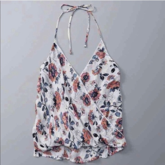A&F Floral Bubble Hemline Surplice Neck Floral Print Halter Top - Picture 2 of 10